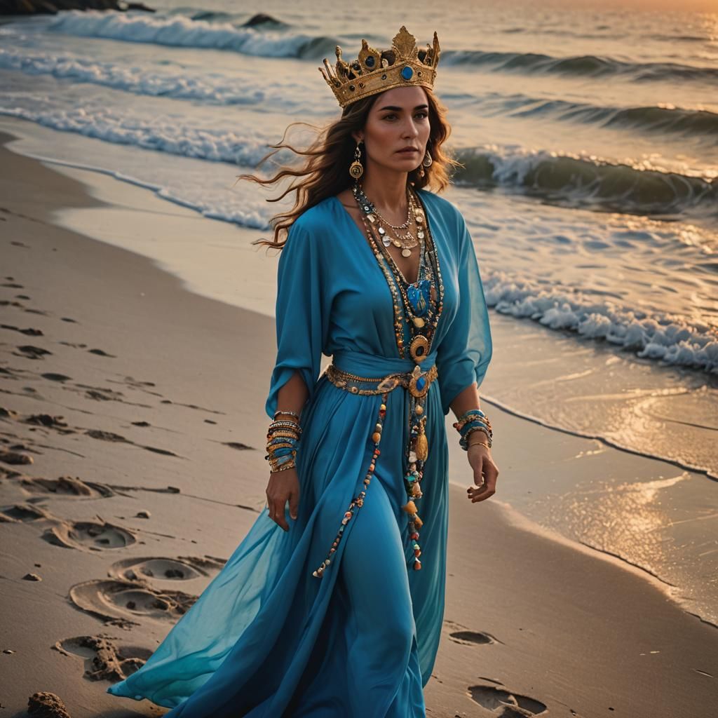 Italian High Priestess on Beach at Sunset