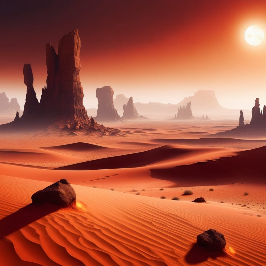 Vast Red Desert with Alien Sun and Jagged Rocks
