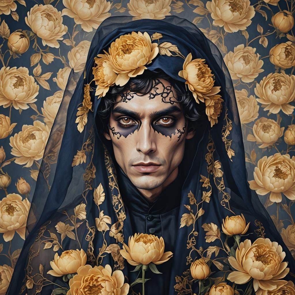 Gothic Veil: A Portrait with Golden Peonies