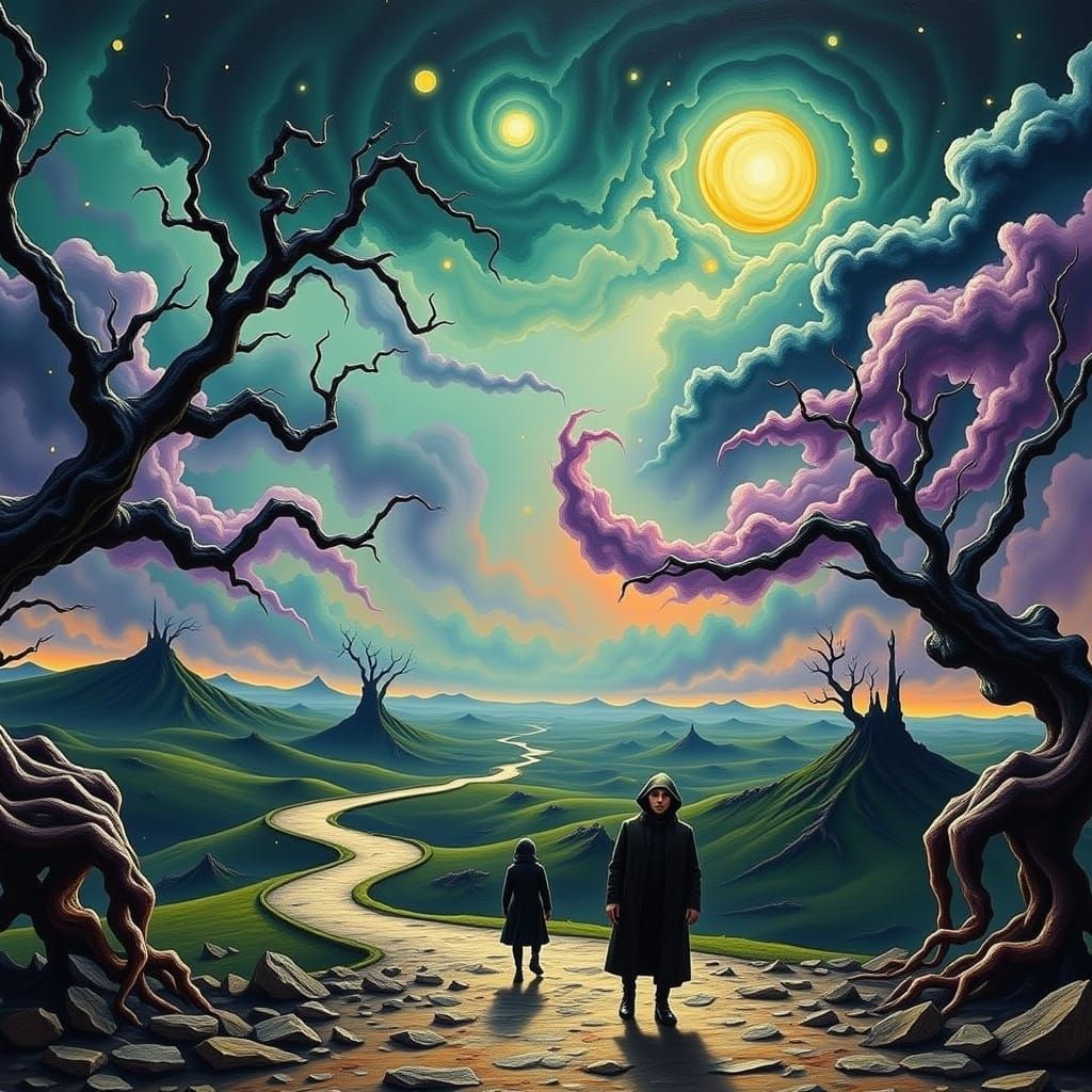 Surreal, Eerie Landscape with Twisted Trees and Elongated Fi...