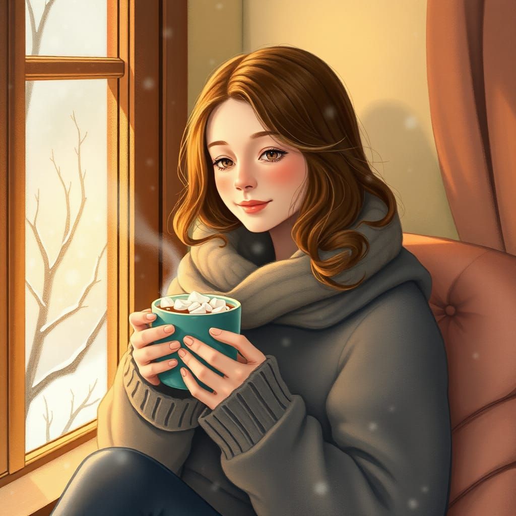 Cozy Woman with Cocoa, Whimsical Watercolor Style