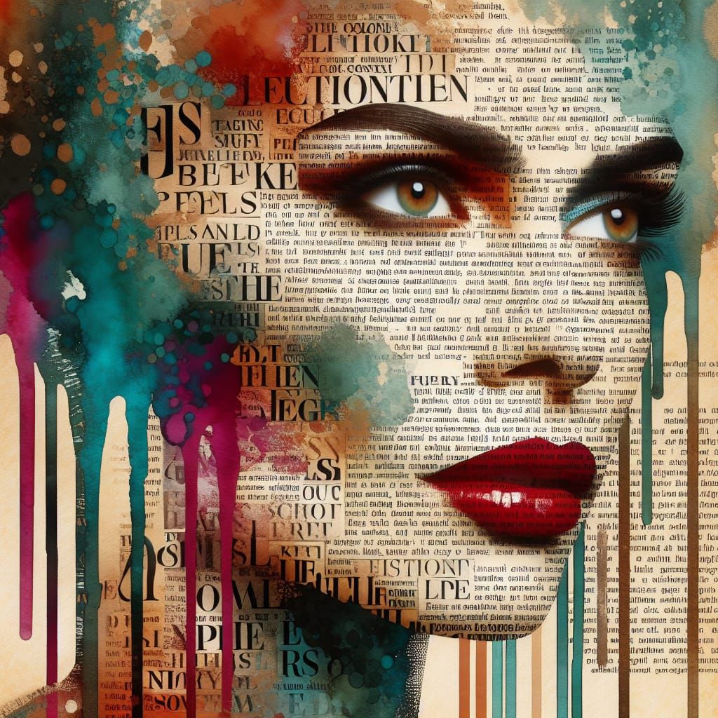 Abstract Collage Portrait of Woman Made from Newspaper