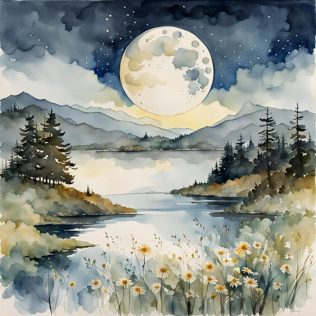 Watercolor Moonrise Over Lake Landscape