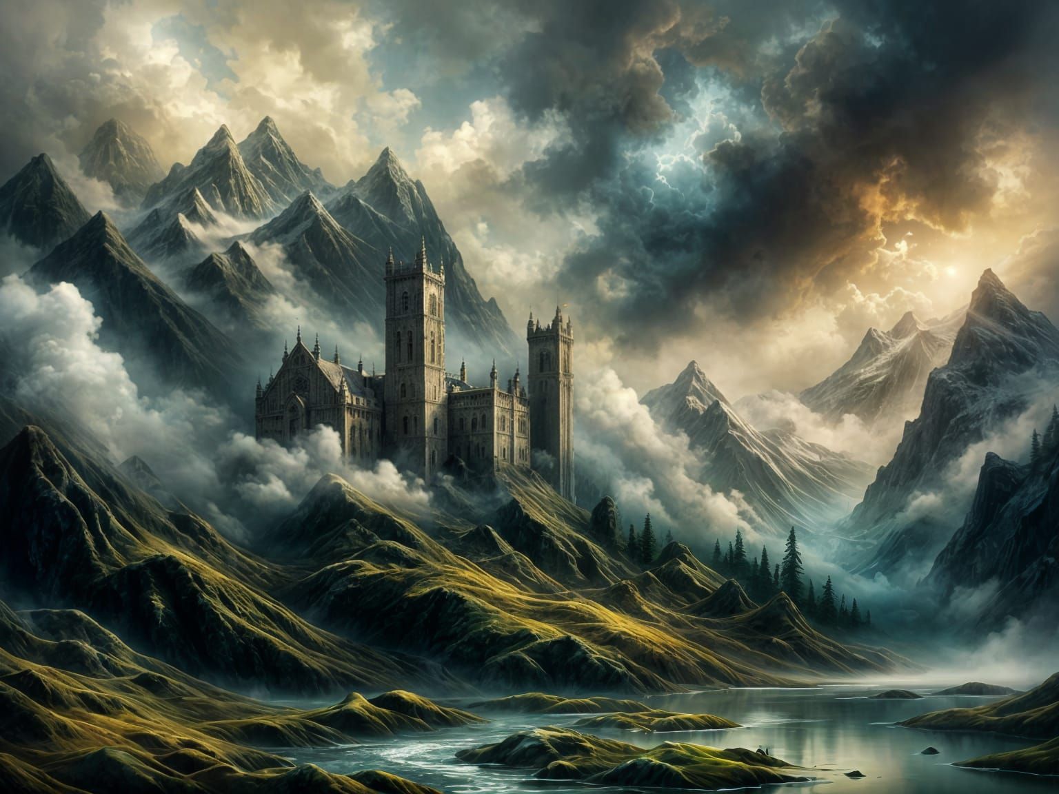 Heavenly Castle Amidst Cloudy Mountain Peaks