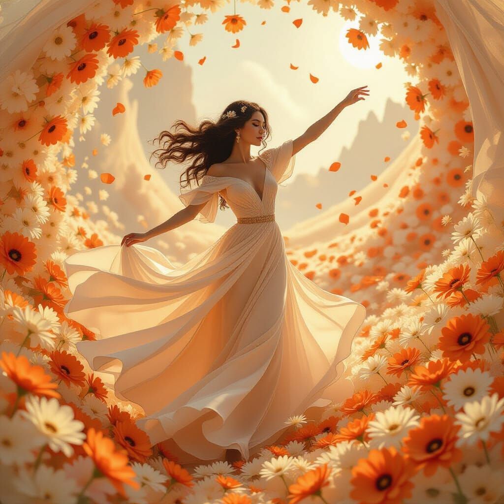 Ethereal Dancer in a Swirl of Golden Flowers