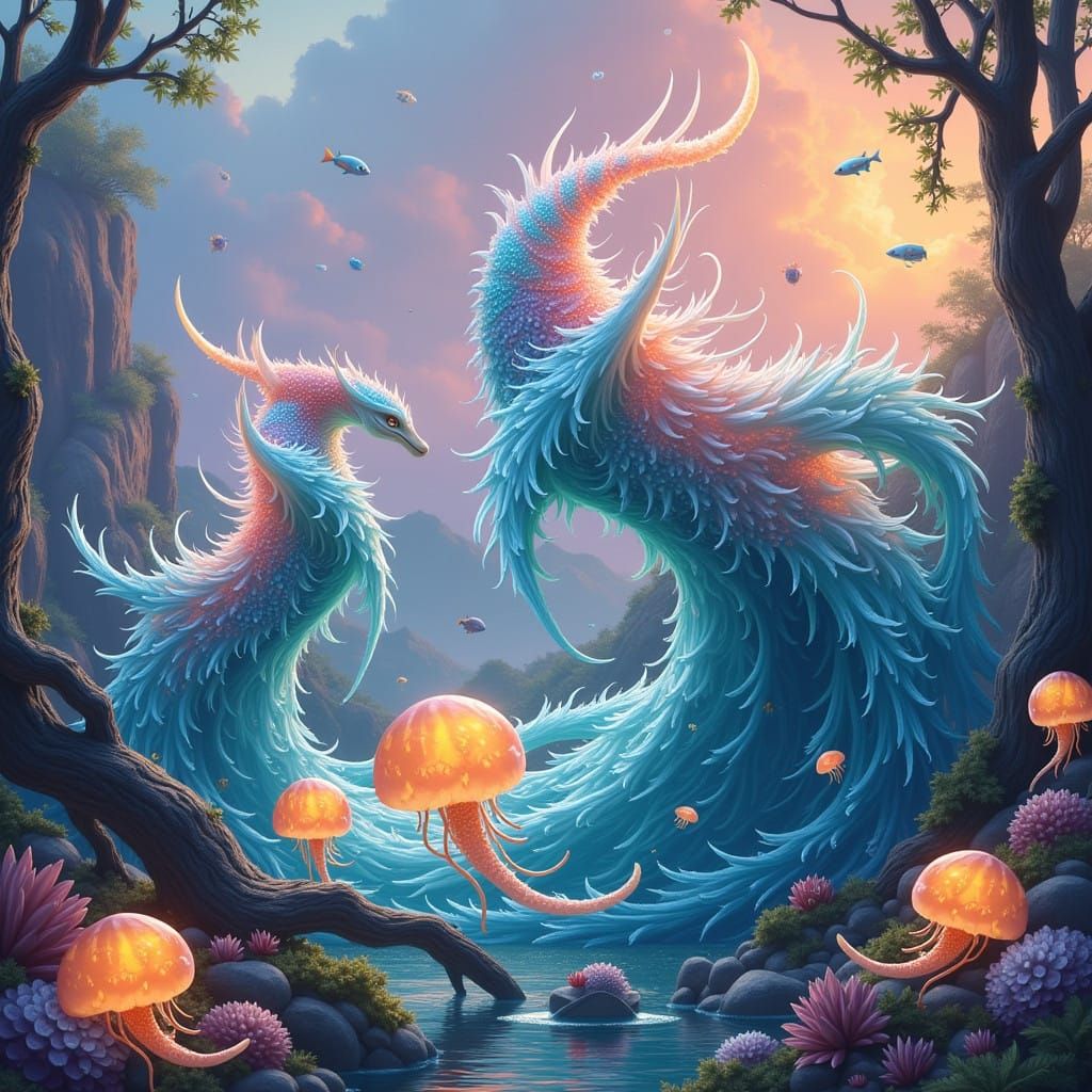 Vibrant Urban Fantasy Wave Elementals in Splash Art Style