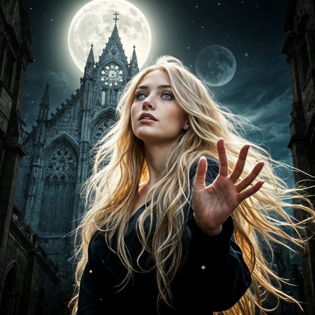 Sorceress Under Ancient Cathedral Moonlight