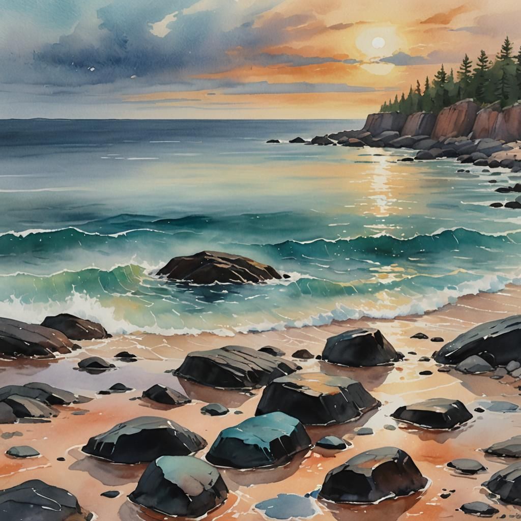 Black Rocks Beach: Watercolor Landscape in Aquatic Hues