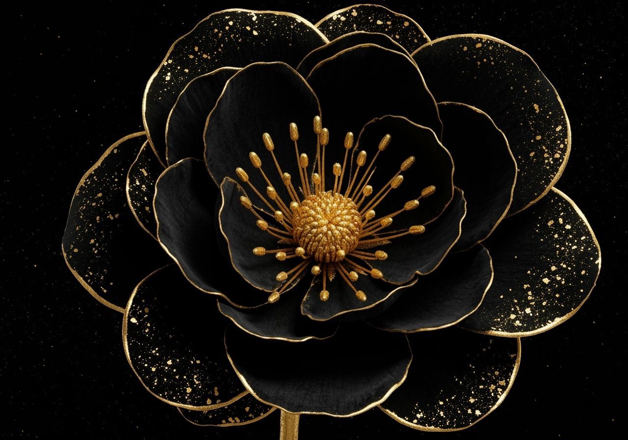 Black Flower with Gold Accents: Hyper-Realistic Elegance
