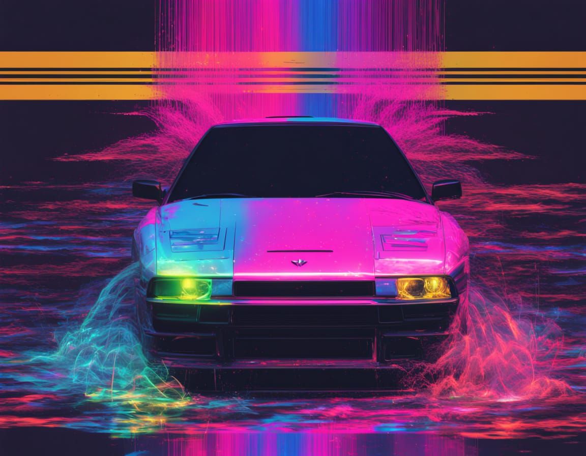 Neon Sports Car Glitching Mid-Drift with Prism Shards