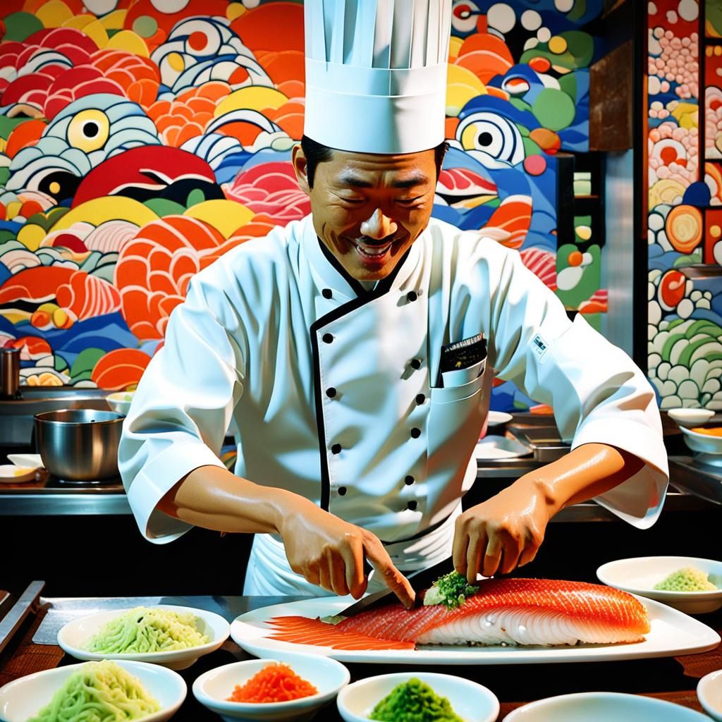 Smiling Sushi Chef in Vibrant Pop Art Style