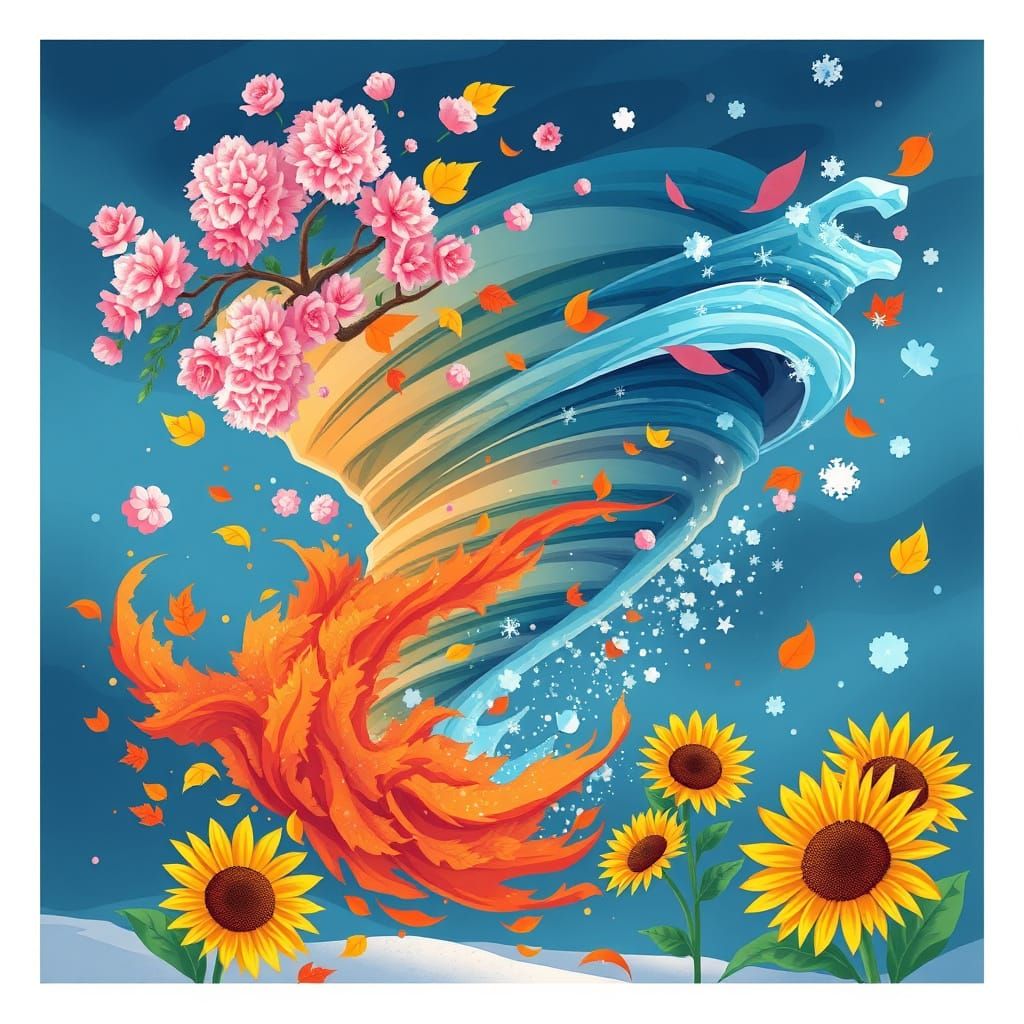Vibrant Tornado Swirls with Whimsical Seasonal Blooms