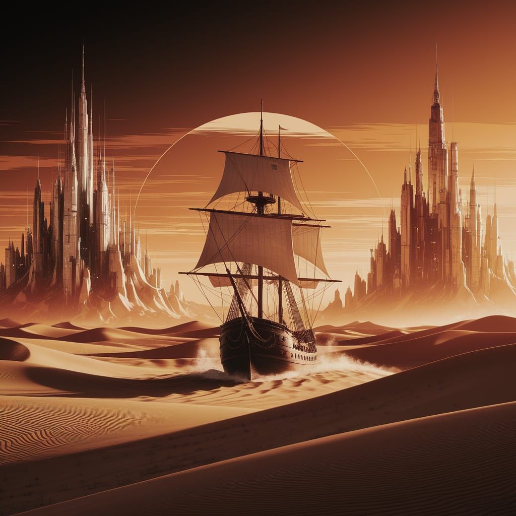 Corsair Sailing Ship in Desert Sci-Fi Cityscape