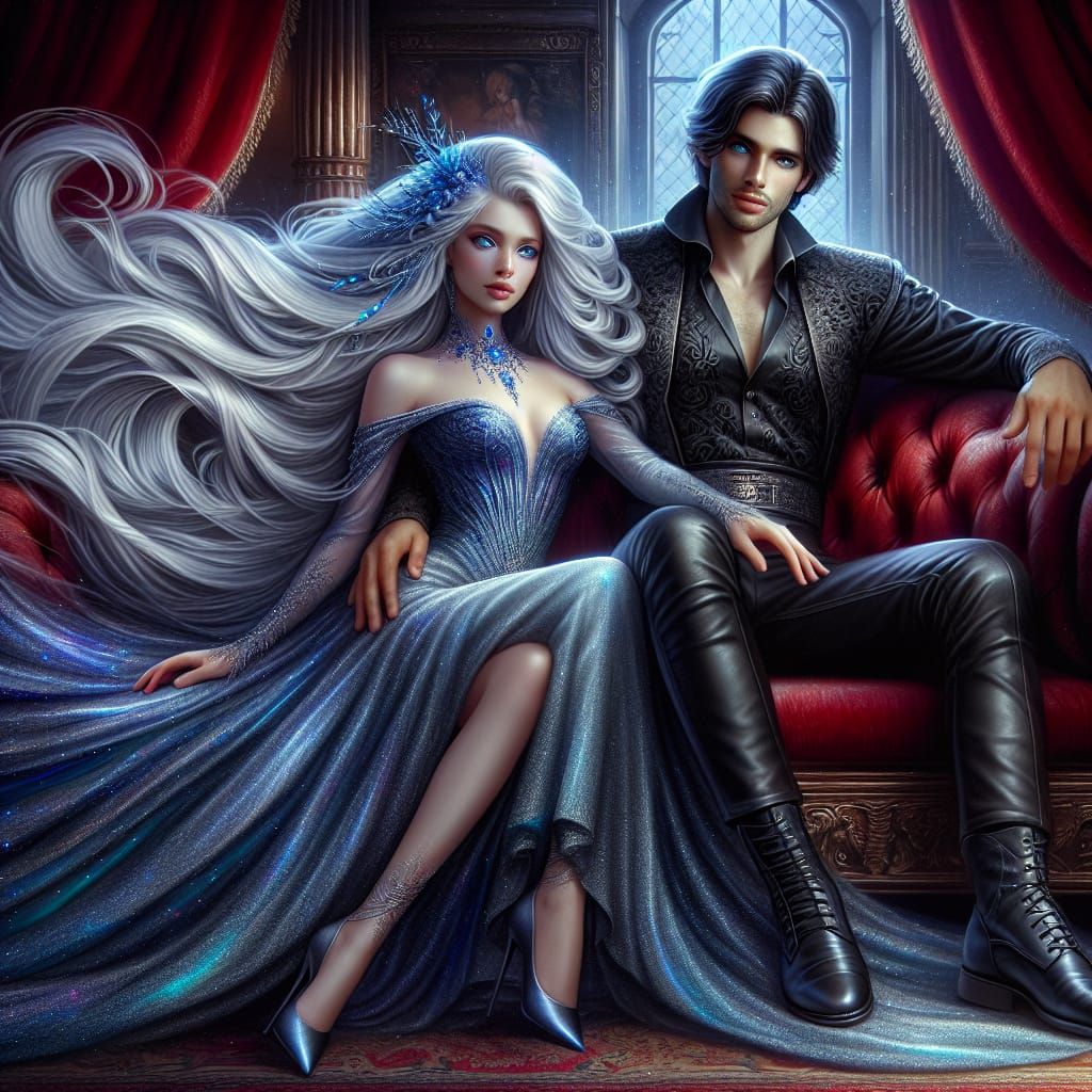 Elegant Fantasy Couple on Plush Velvet Sofa