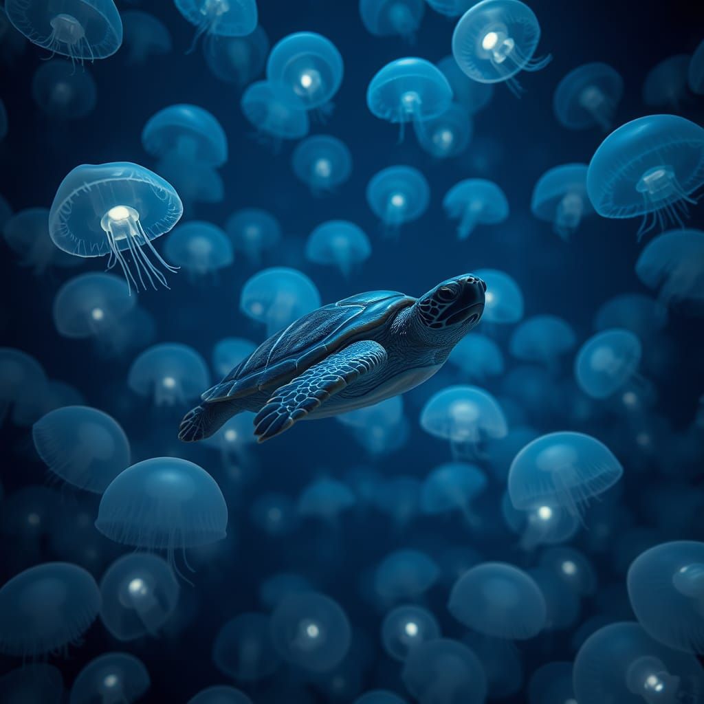 Turtle Gliding Through Jellyfish Field in Ethereal Light