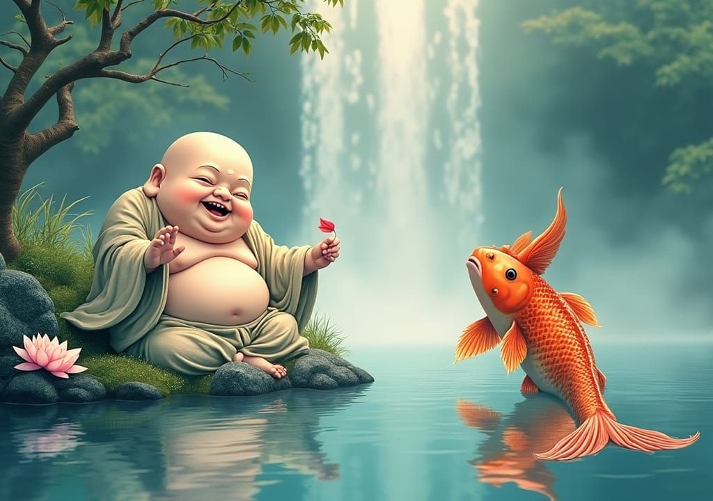 Buddha and Koi in Ukiyo-e Style