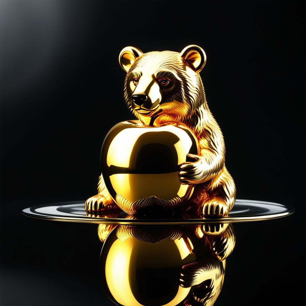 Bear Reflection in Golden Apple: Photorealistic Concept Art