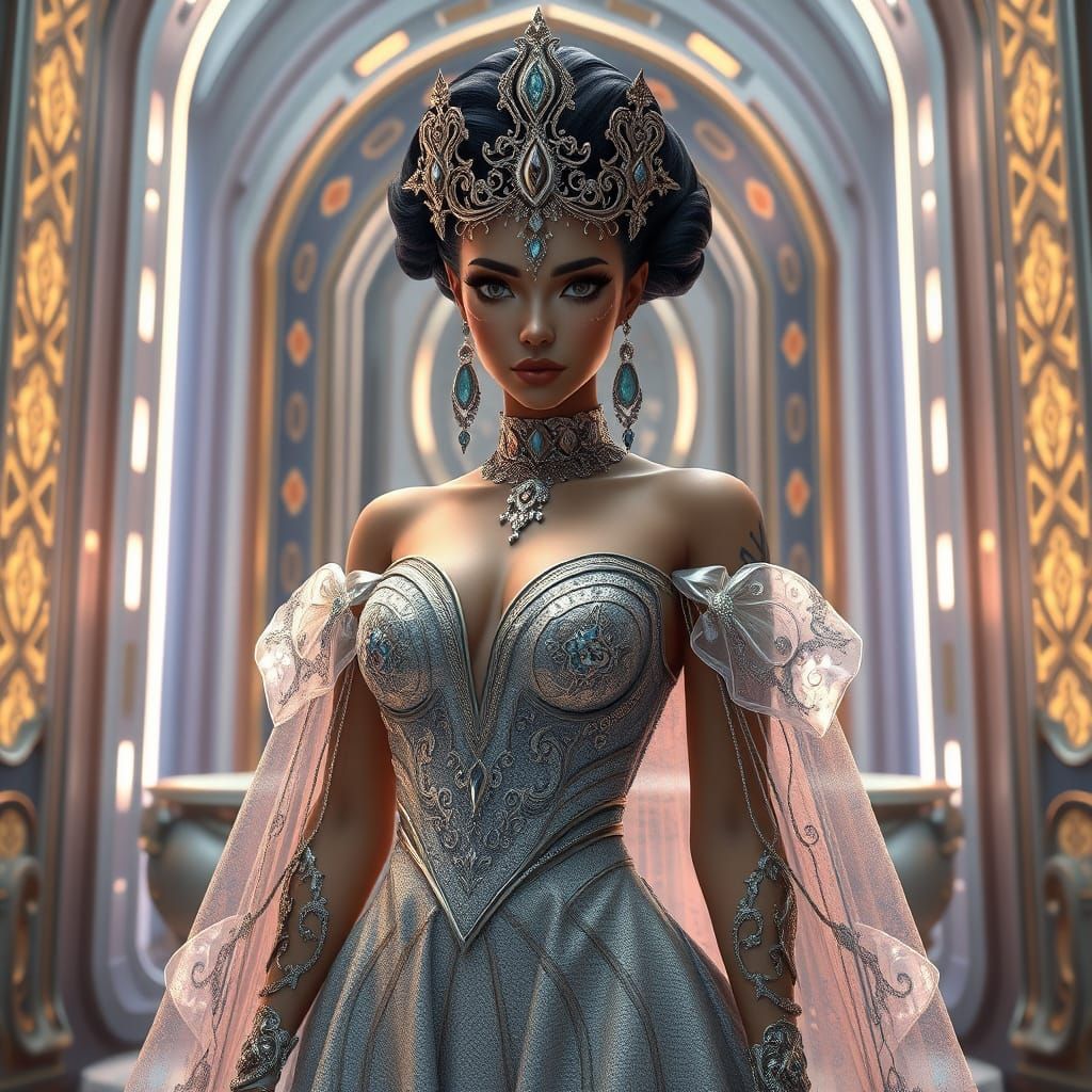 Blasian Queen in Bismuth Gown Reigns in Futuristic Throne Ro...