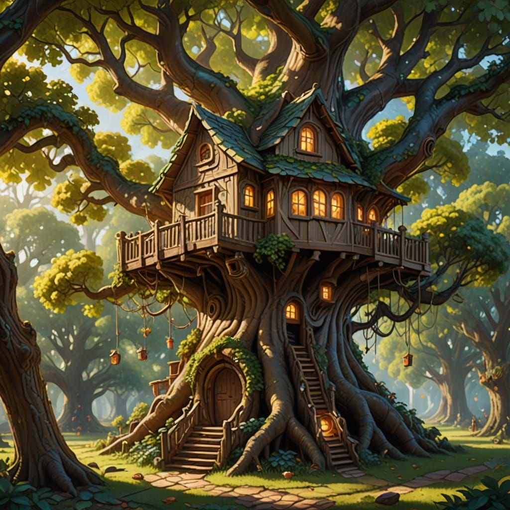 Whimsical Treehouse Oil Painting with Children Playing