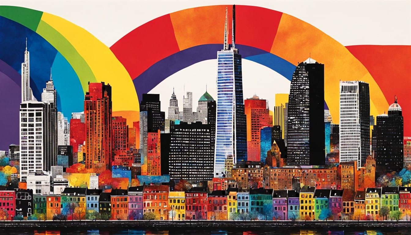 Vibrant Rainbow Arch Over Urban Skyscrapers