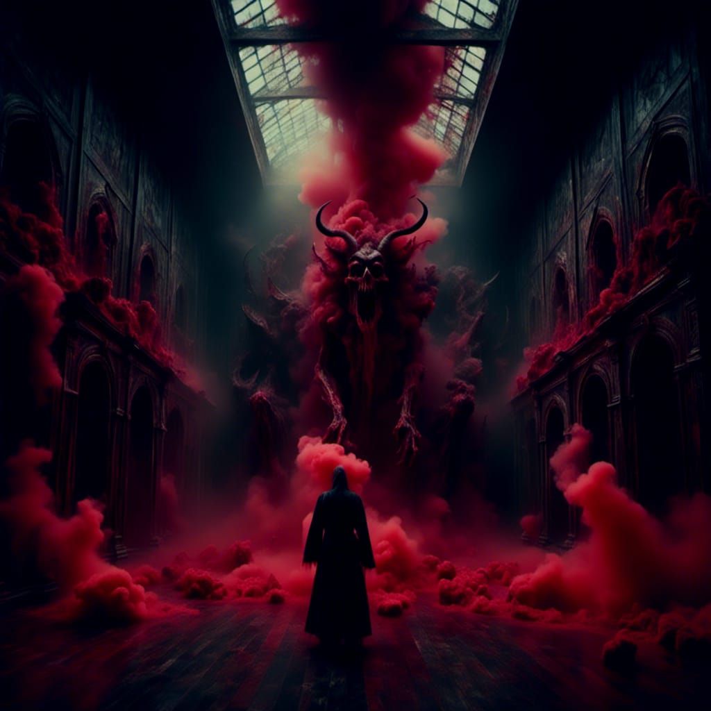 Demons in Gothic Room with Red Smoke