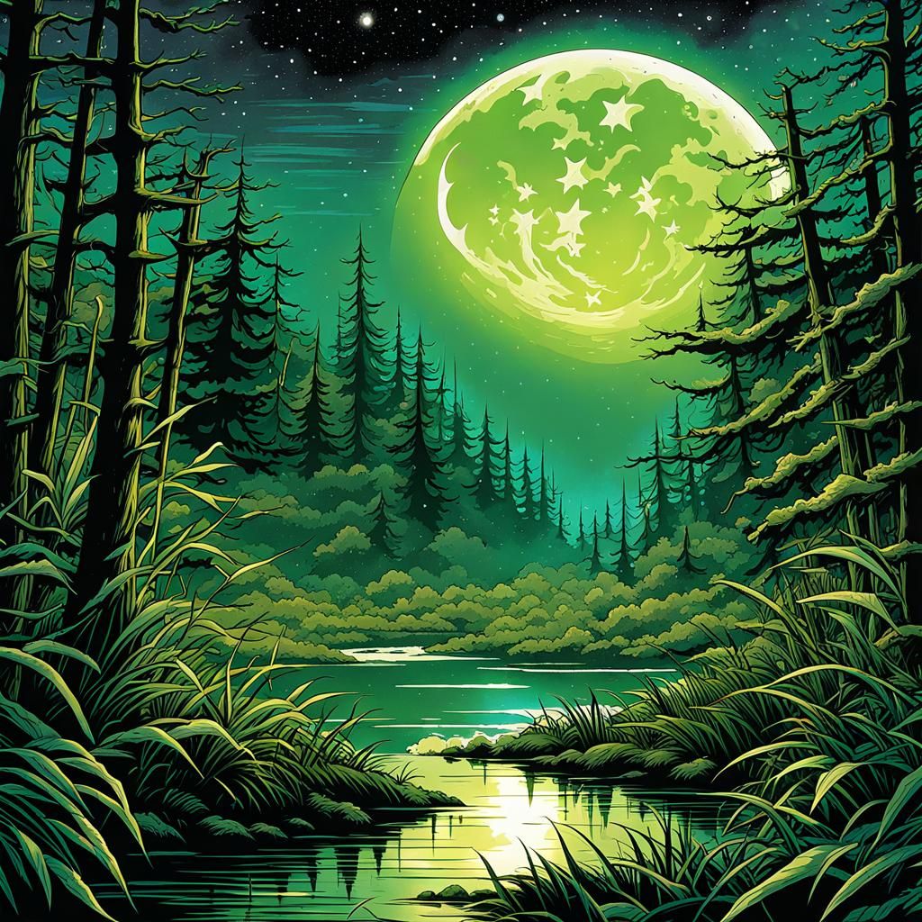 Swamp Marsh at Night in Digital Watercolor Style