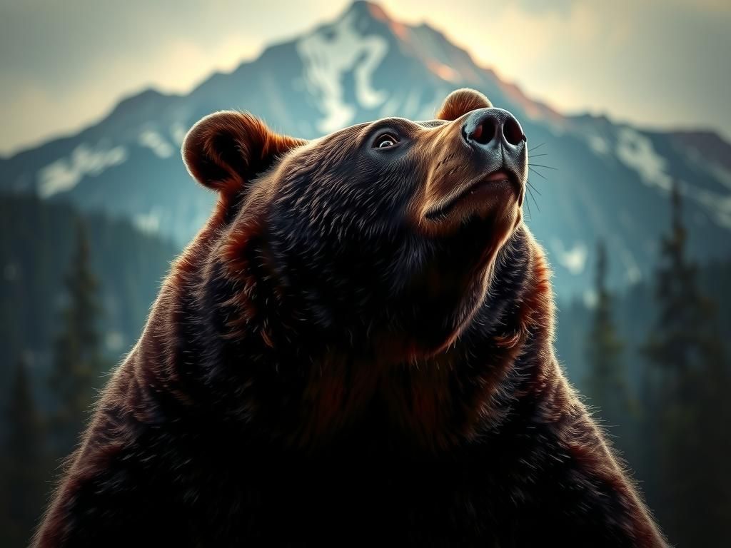 Close-up Bear Portrait Reflecting Mountain Forest