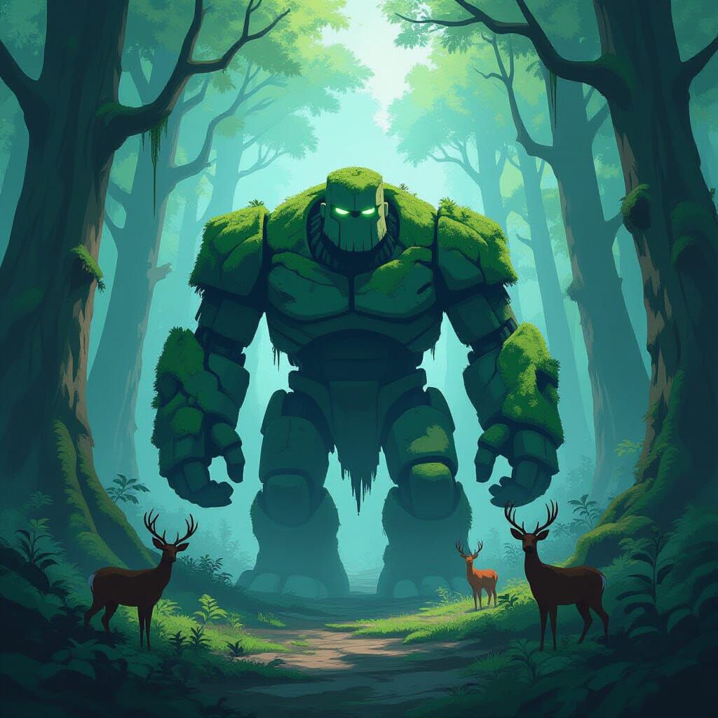 Moss-Covered Stone Golem in Ancient Forest, Cel-Shaded Style