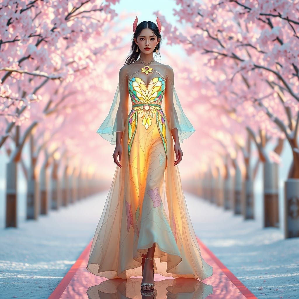 Fashion Model Dazzles on Sakura Runway in Pastel Stained Gla...