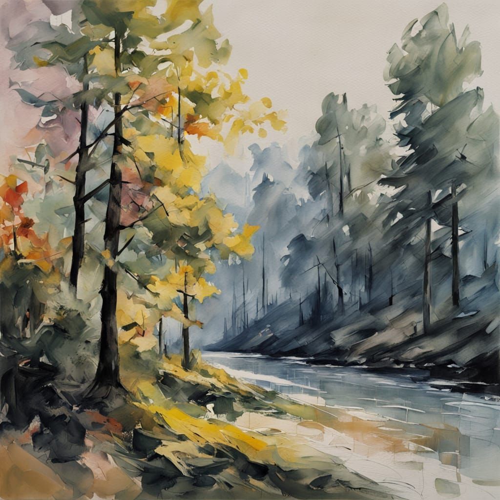 Ethereal Riverbank Scene in Vibrant Gouache