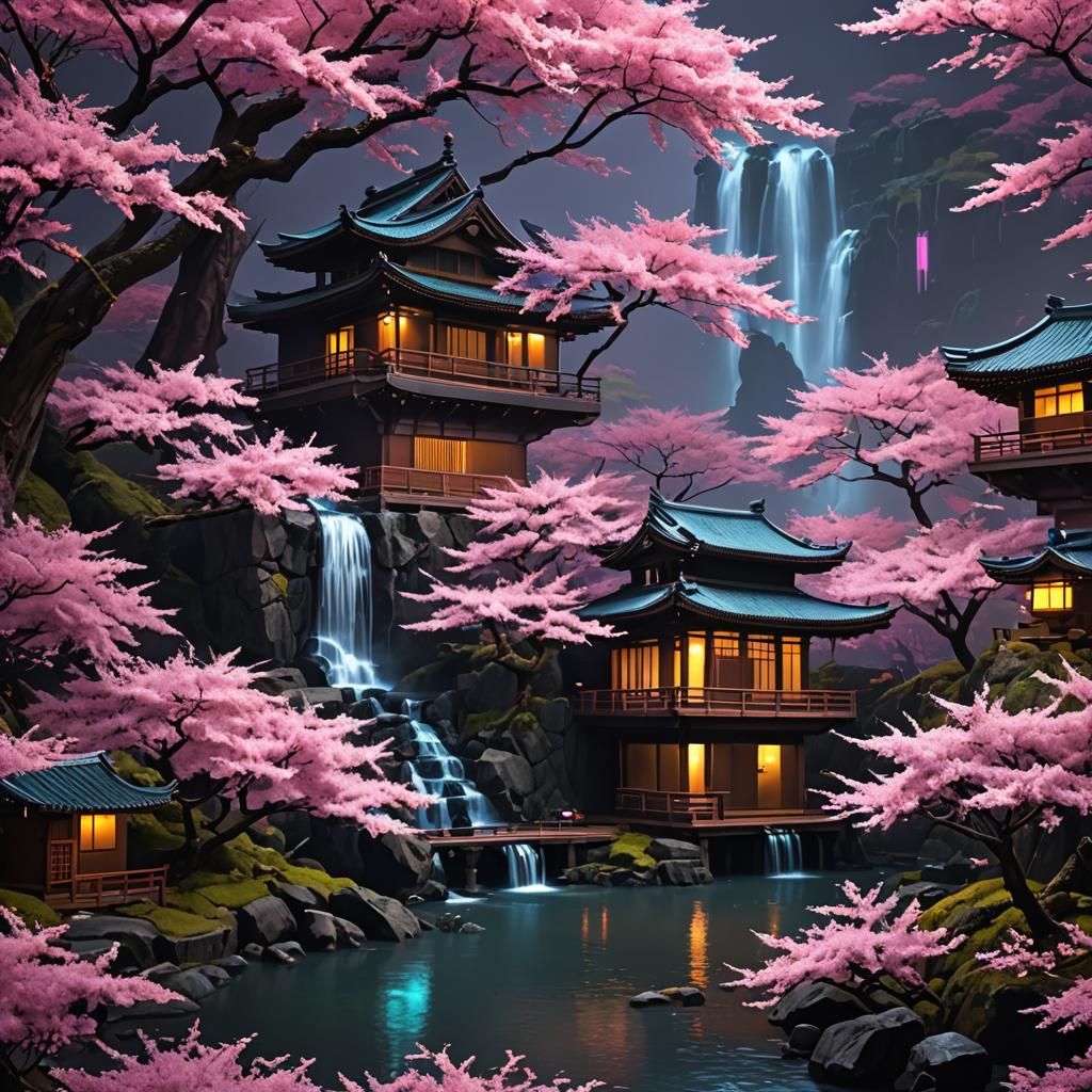 Cyberpunk Tea House Oasis with Cherry Blossoms