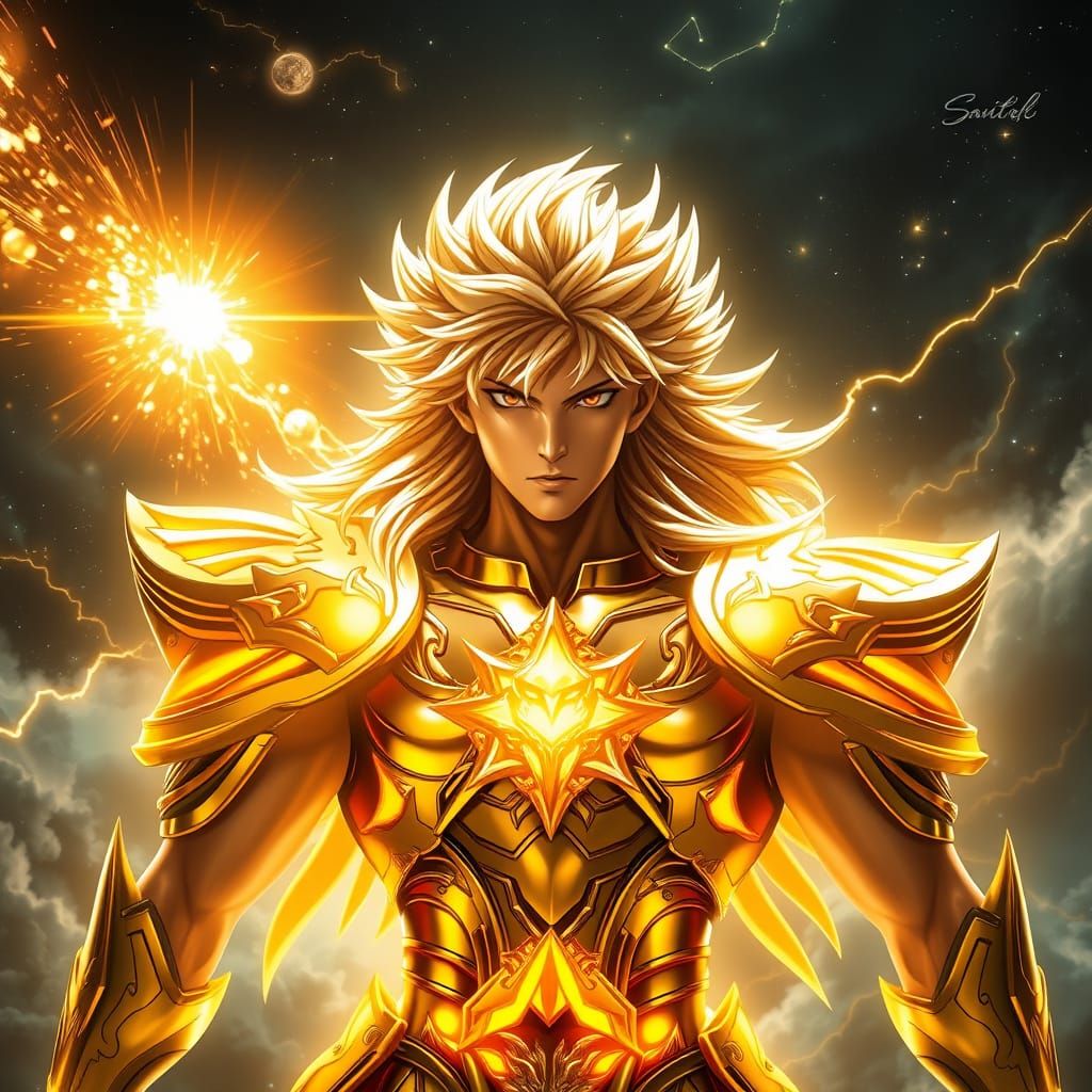 Leo Saint in Golden Armor Amidst Cosmic Storm