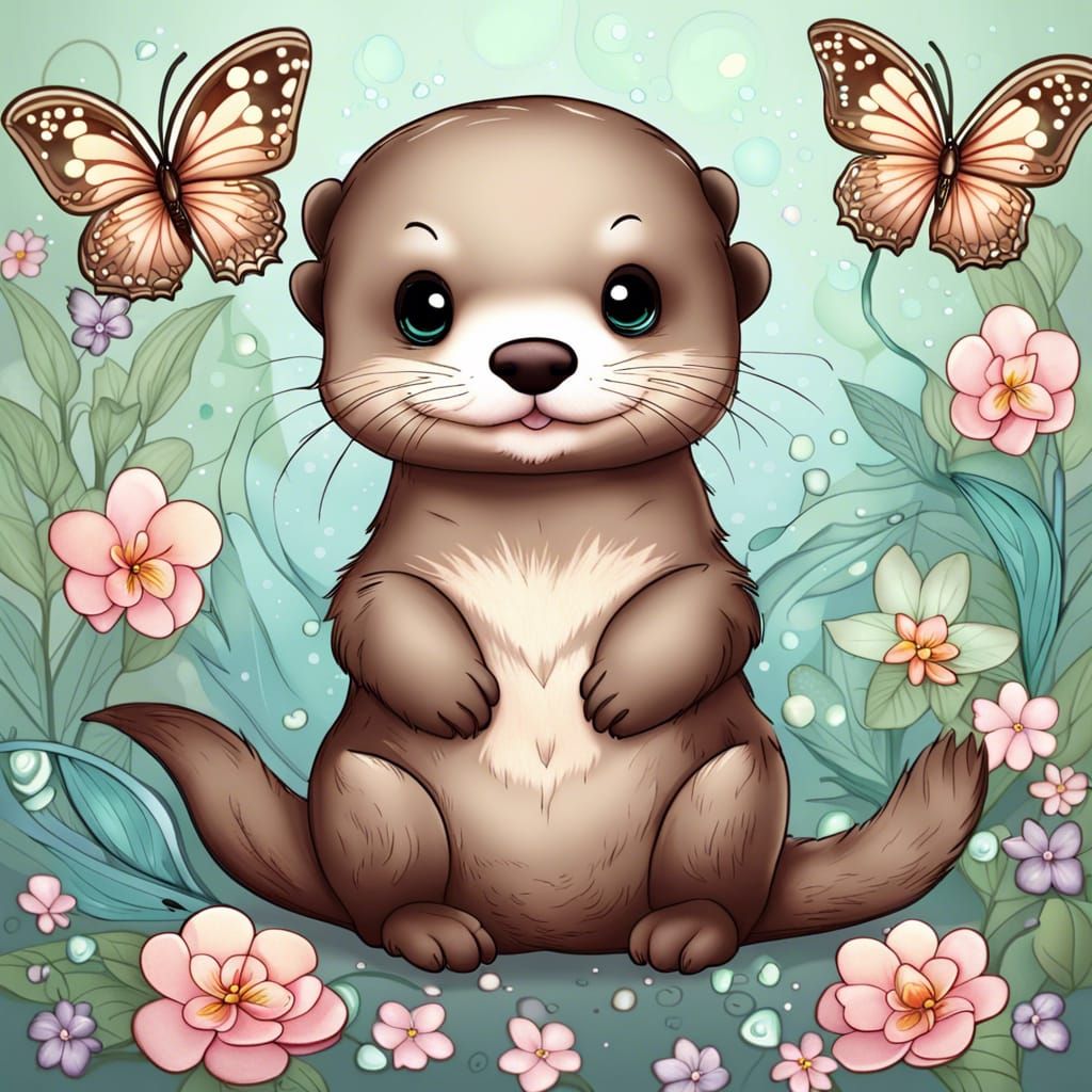Chibi Otter in Enchanted Floral Wonderland