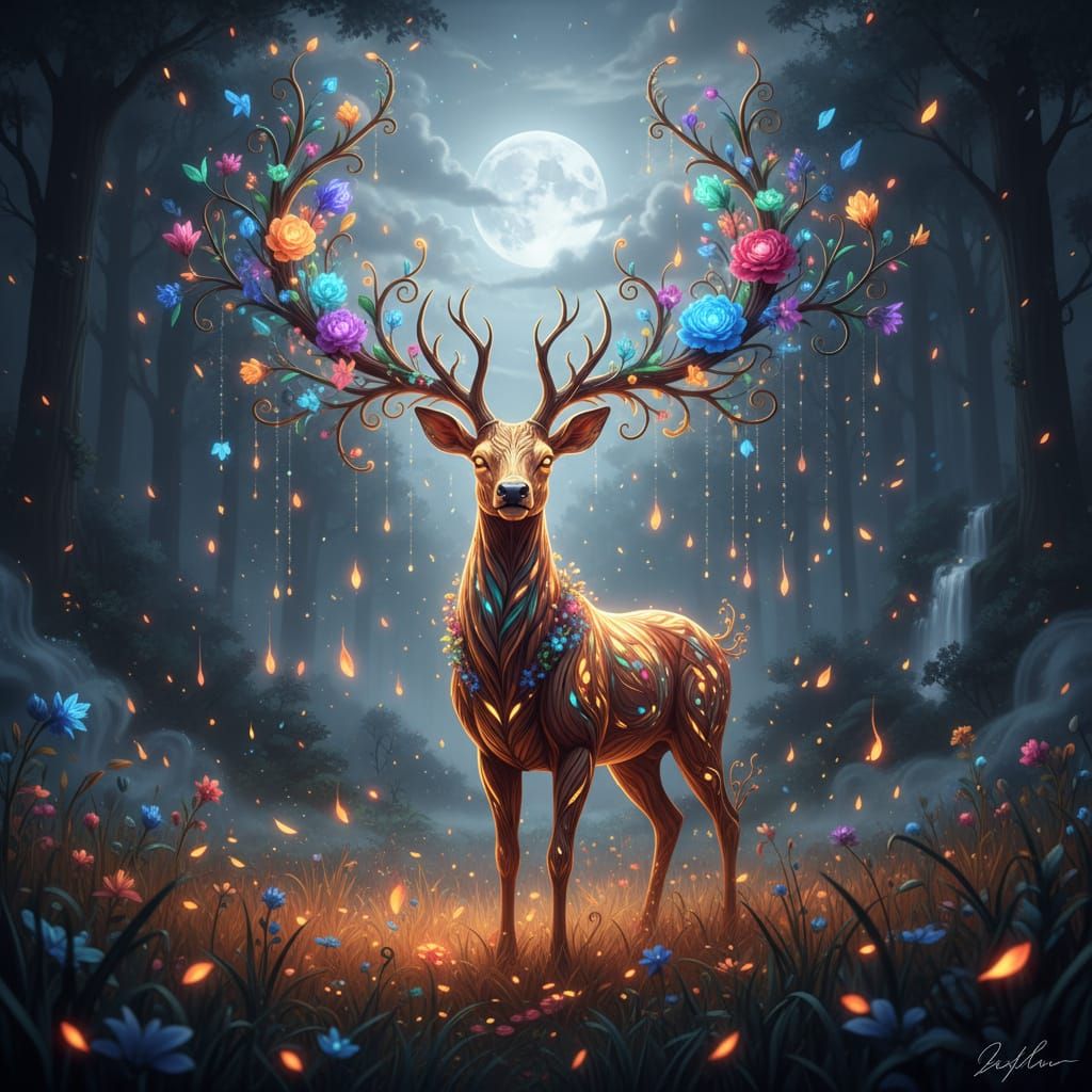 Glowing Stag with Blossoms in Magical Forest Meadow