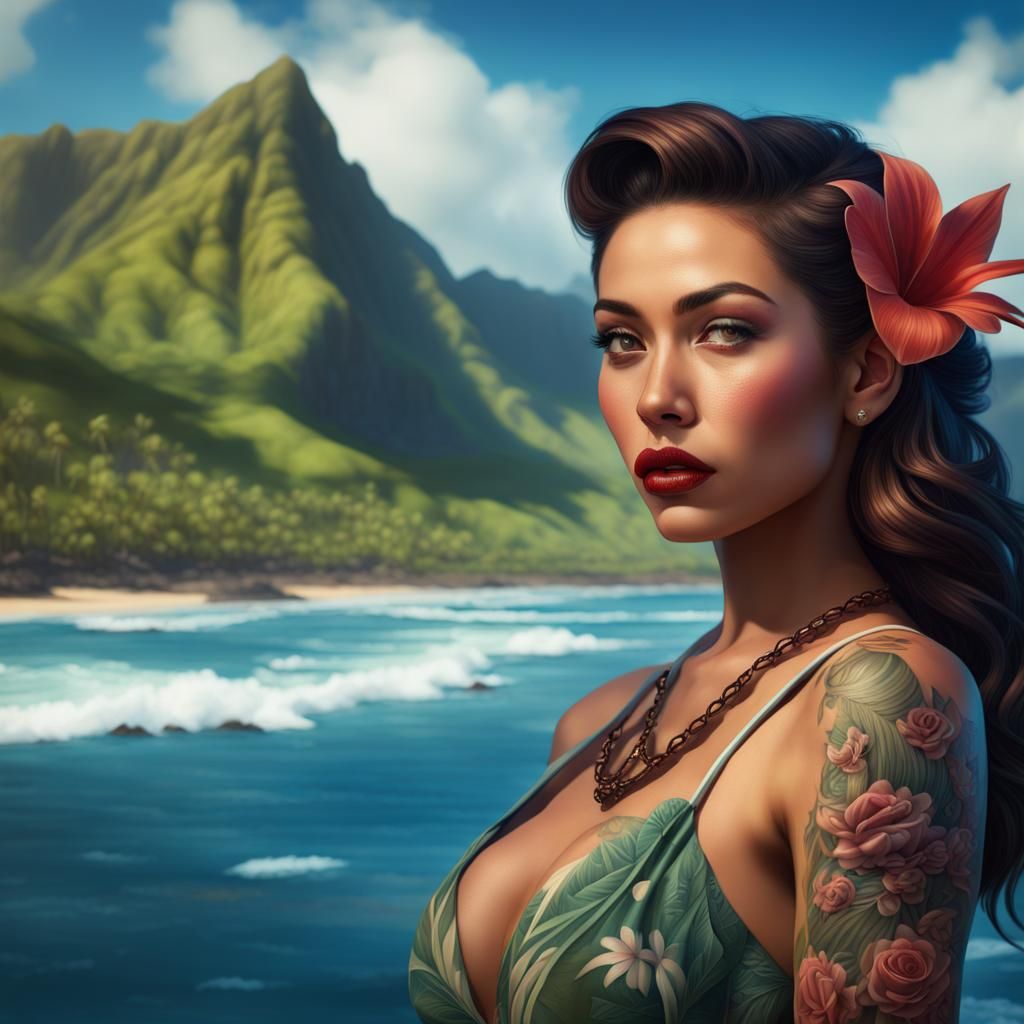 Hyperrealistic Pin-Up of Hawaiian Woman Tattoo Design