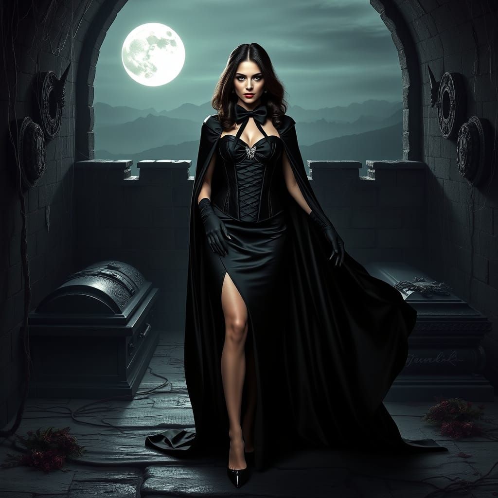 Ethereal Vampire Condessa in Black Tie, Haunting Crypt Ambia...