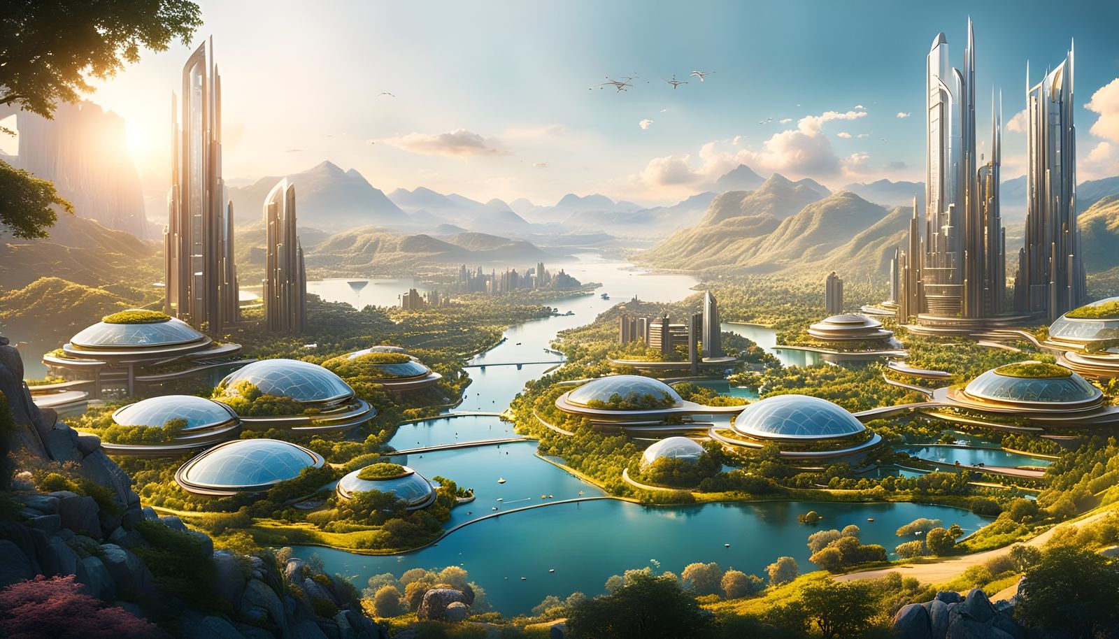 Utopian Hopepunk Cityscape at Golden Hour