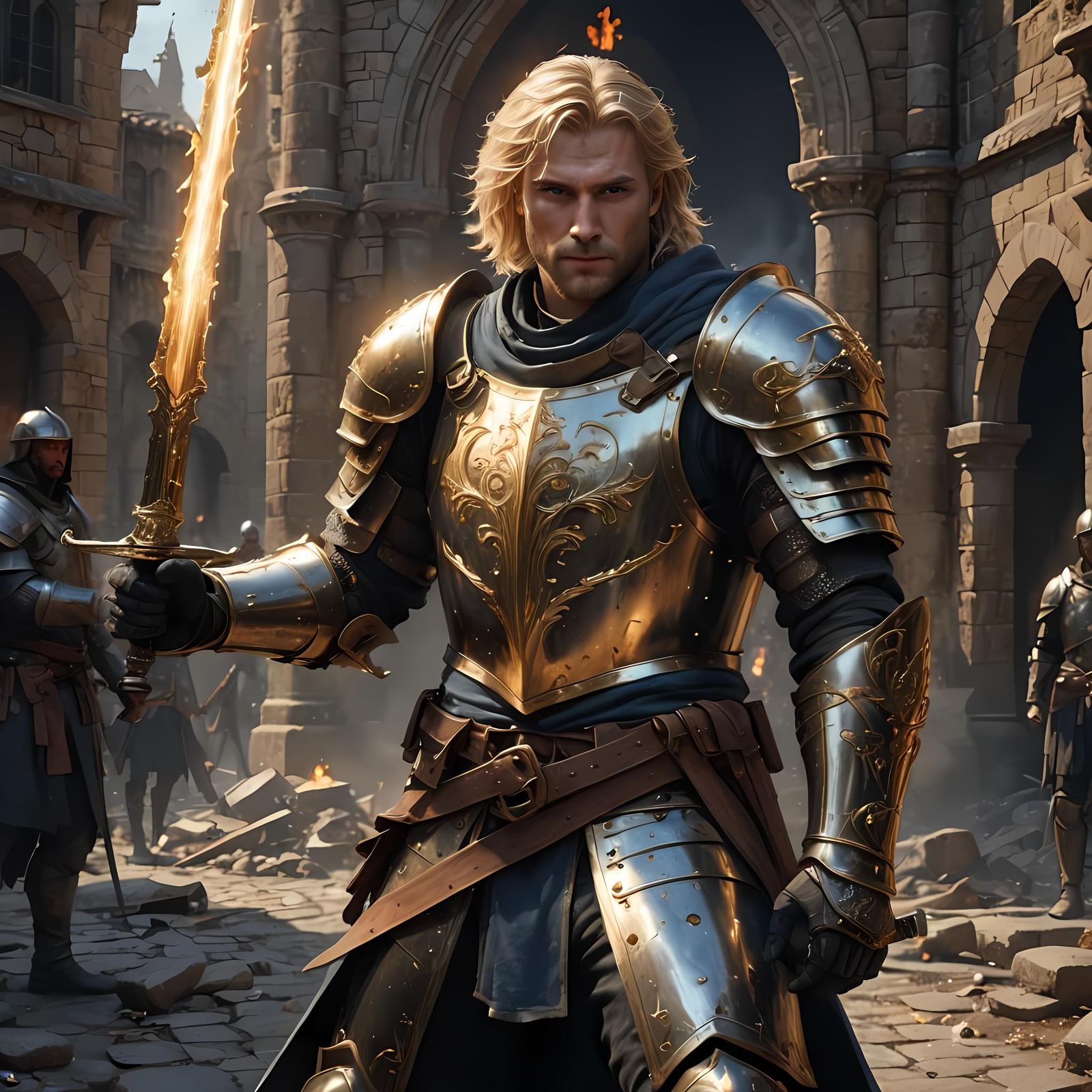 Knight in Gold Armor with Flaming Sword