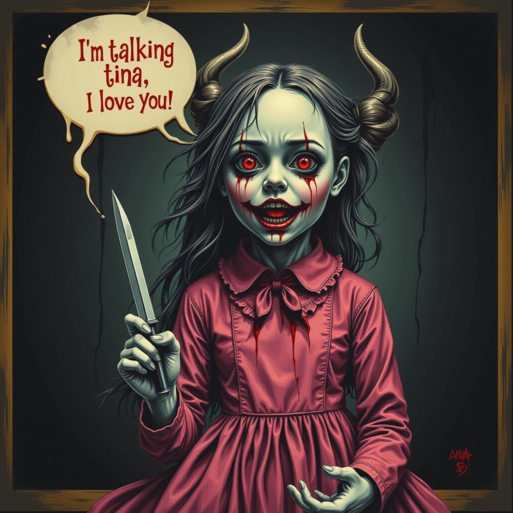 Haunted Doll with Knife and Speech Bubble in Analog Horror S...