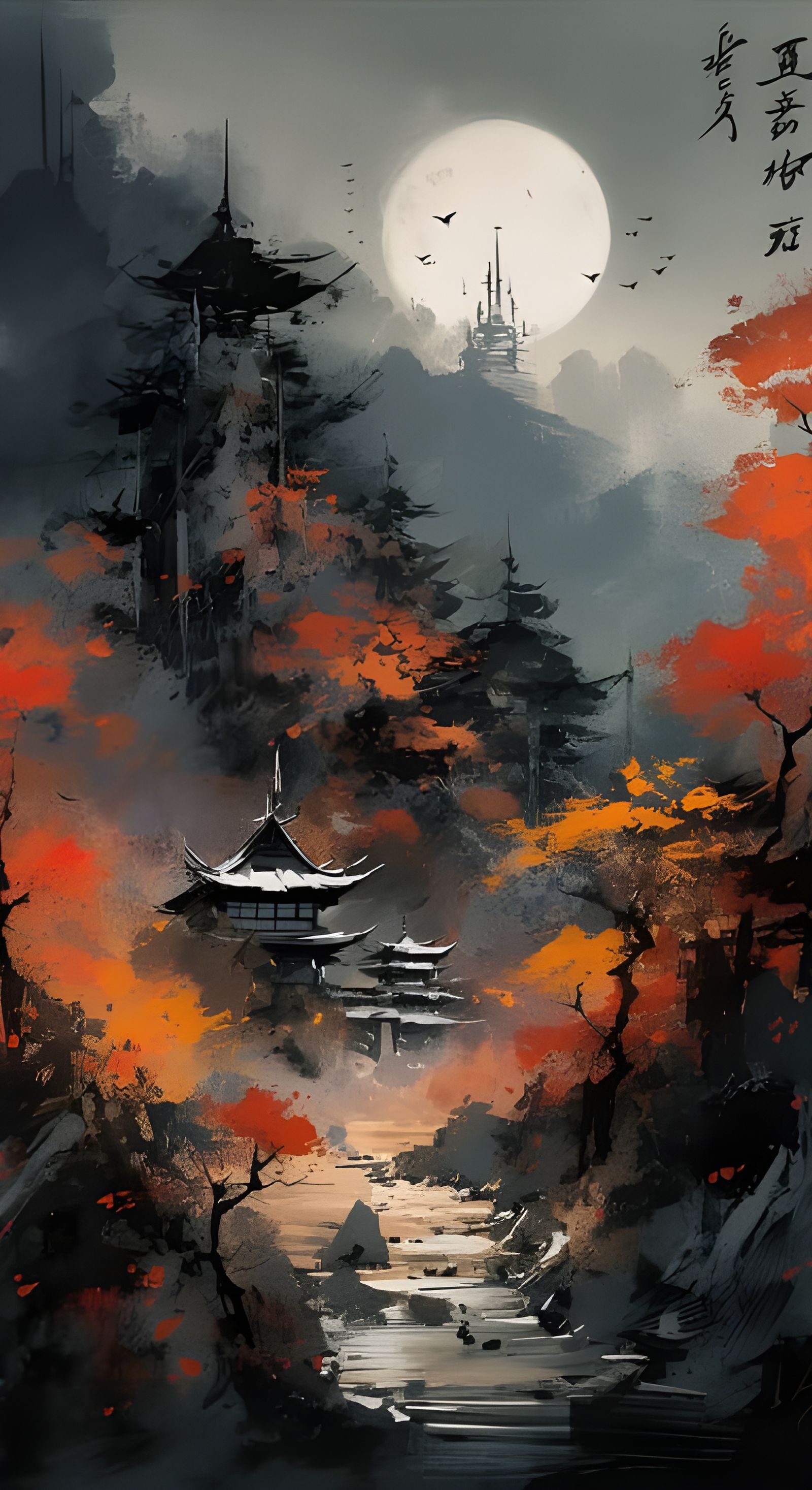 Raven's Cry at Moonset: Sumi-e Ink Painting