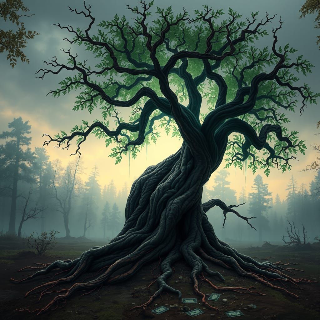 Gnarled Tree with Copper Roots & Dollar Bill Leaves