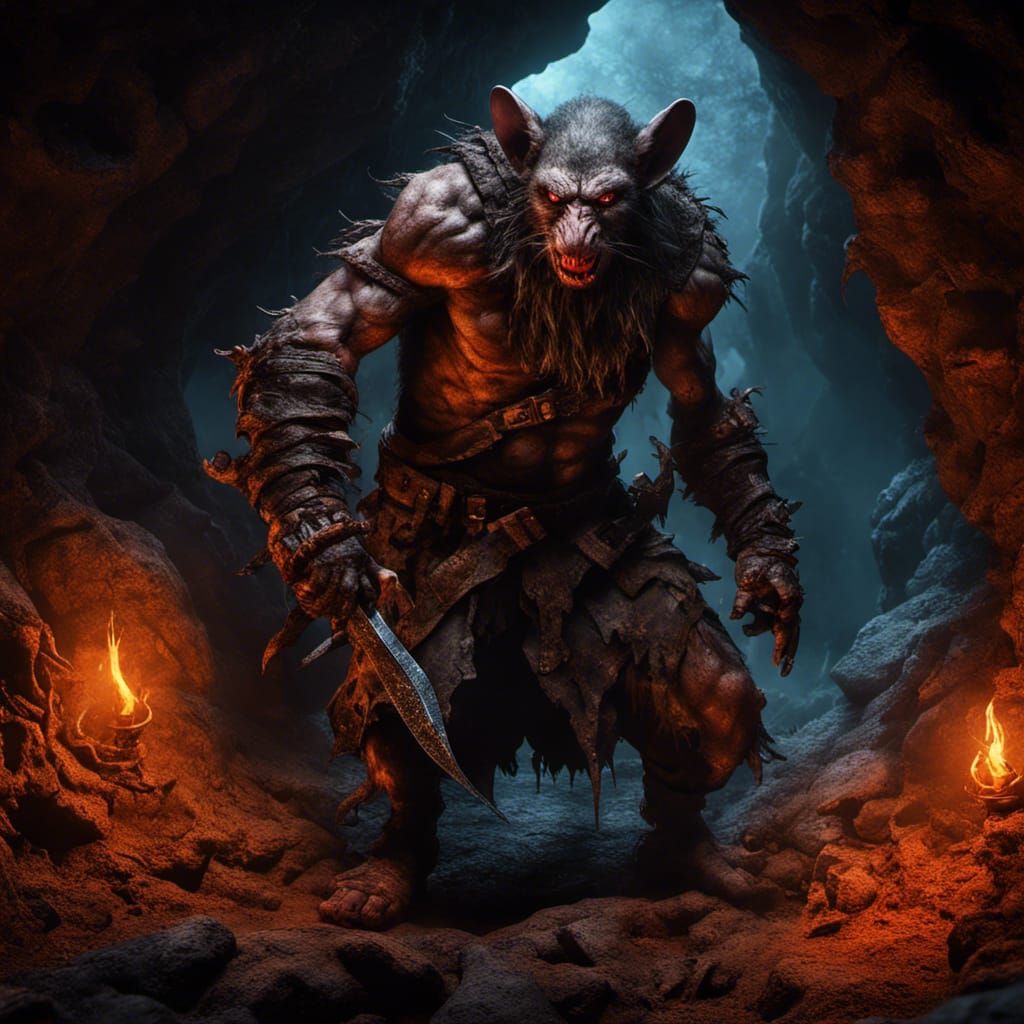 Ratman Berserker in a Creepy Cave, Digital Illustration