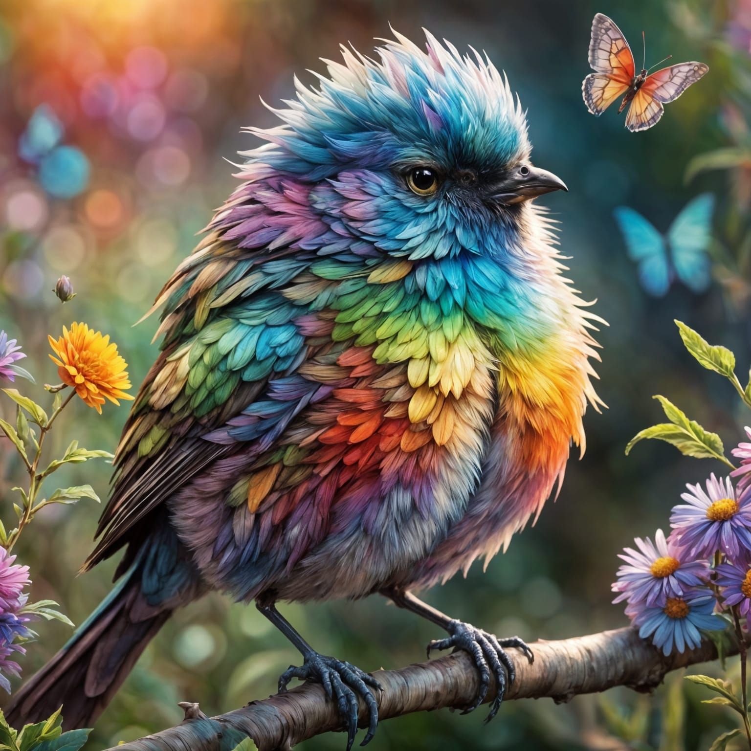 Rainbow Metallic Bird in Vibrant Garden