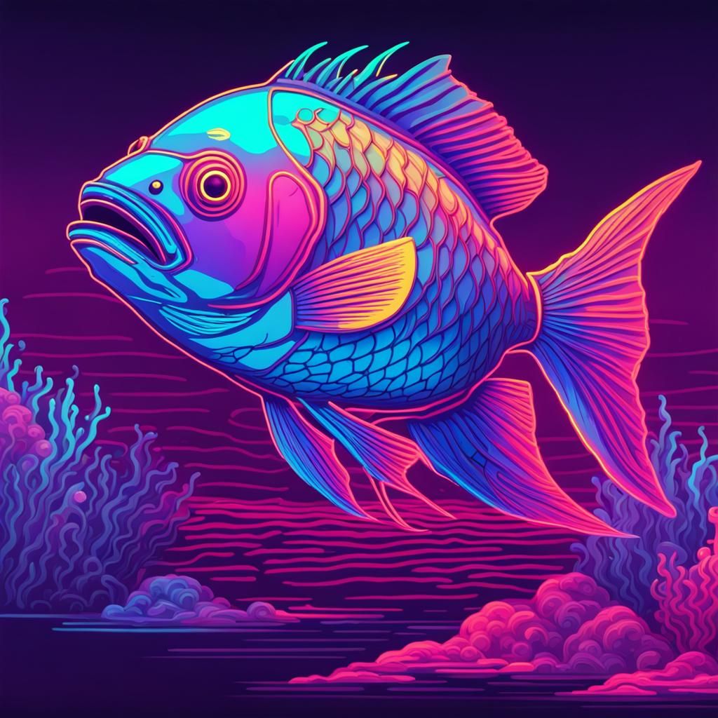 Fluorescent Fish in Sea: Synthwave Neon Art
