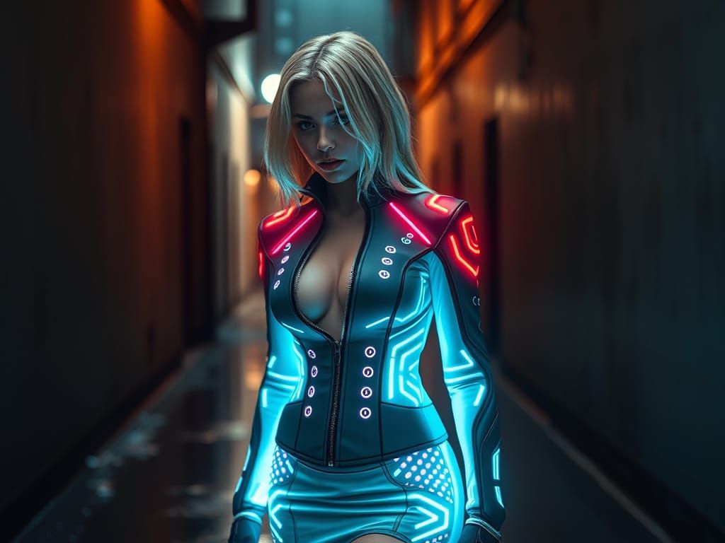 Woman in LED Jacket in Cyberpunk Alley