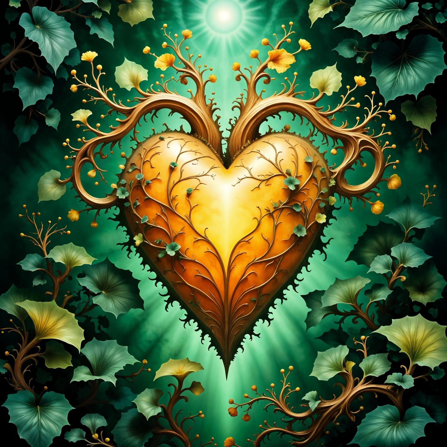 Healing Heart Embodied in Lush, Emerald Tendrils