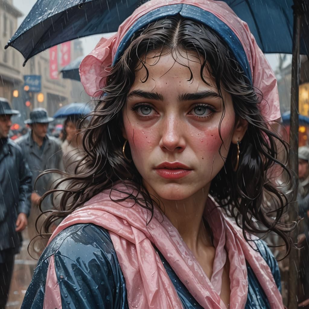 Woman Crying in Rain: Hyperdetailed Concept Art