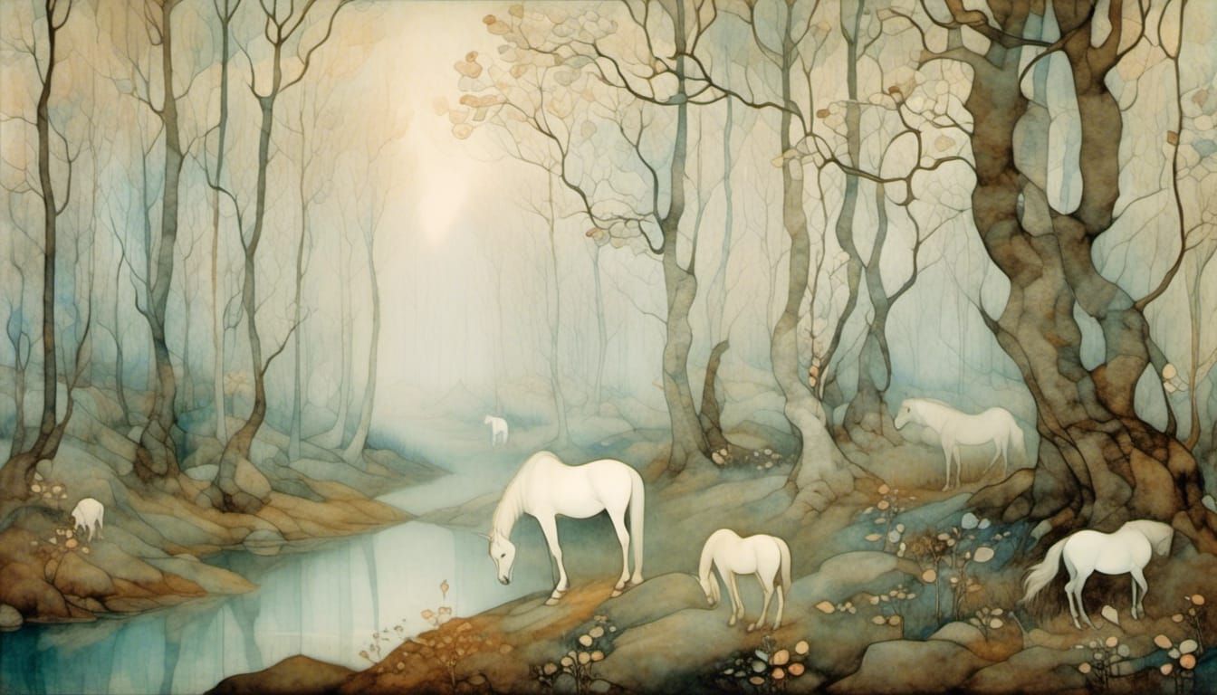 Ethereal Unicorn in Misty Birch Forest