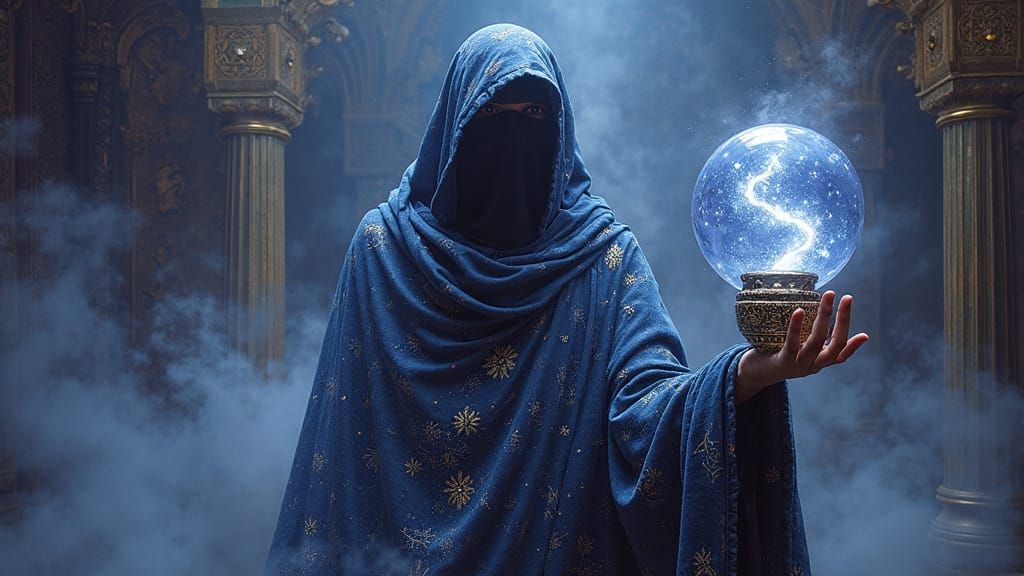 Mystical Seer in Timeless Chamber with Cosmic Crystal Ball