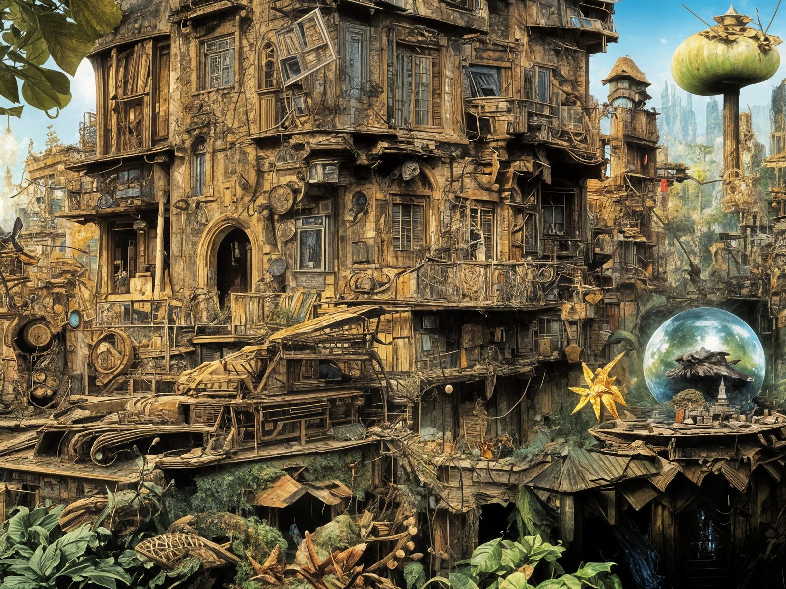 Futuristic Cityscape with Bizarre Creatures, Maximalist Styl...